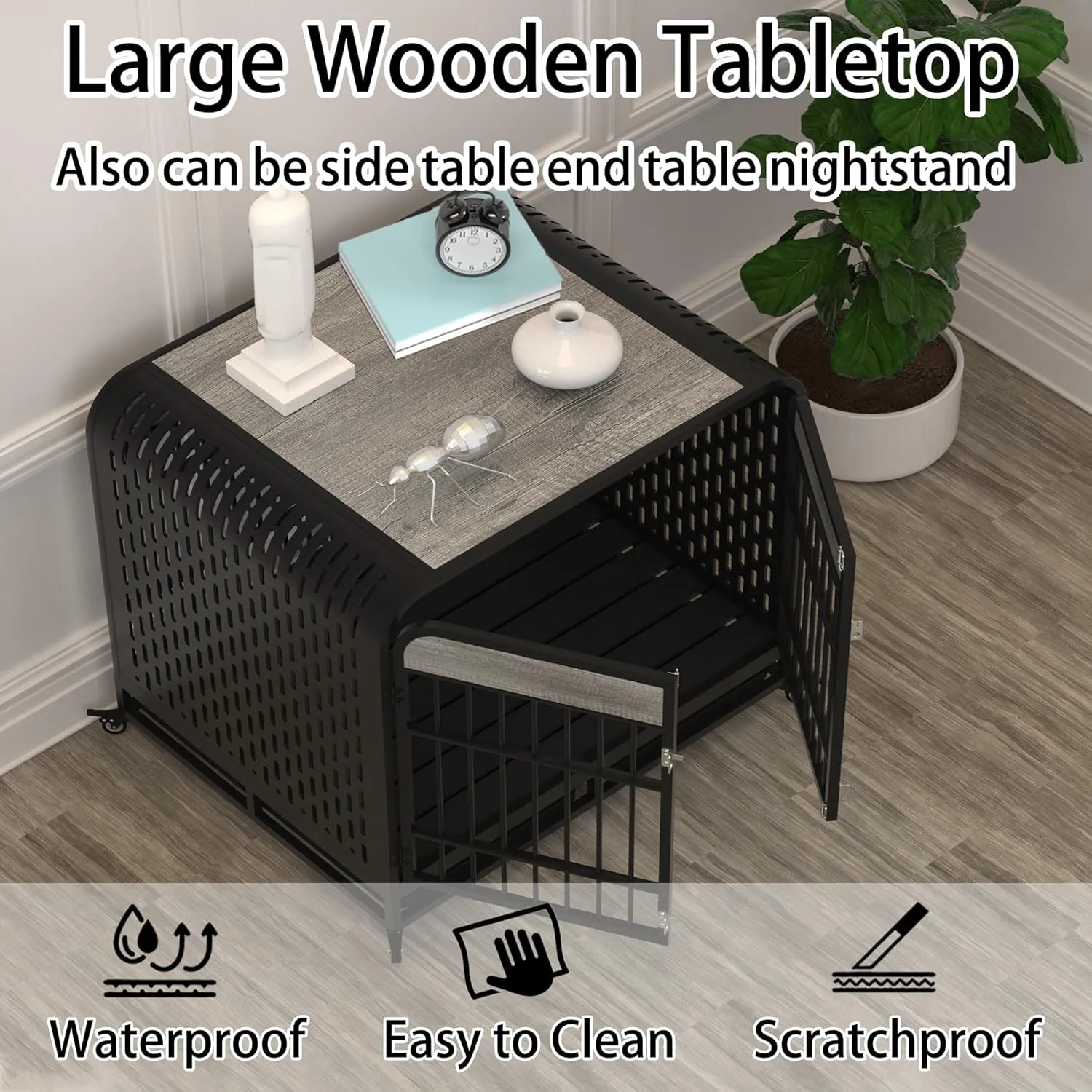 Heavy Duty Dog Crate Furniture 32 inch Pet Cage Kennel Wood Table Top 4 Locks Wheels Removable Trays Escape-Proof Side End Table TV Stand Elegant Vitange Retro Medium Small Dogs (Grey)