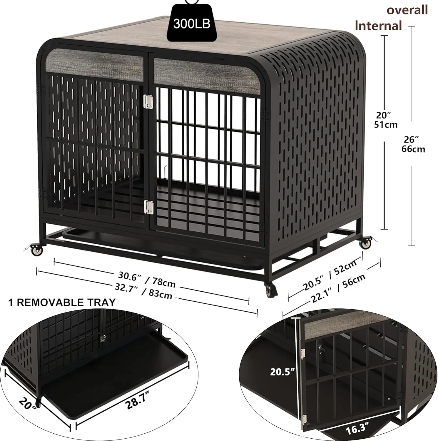 Heavy Duty Dog Crate Furniture 32 inch Pet Cage Kennel Wood Table Top 4 Locks Wheels Removable Trays Escape-Proof Side End Table TV Stand Elegant Vitange Retro Medium Small Dogs (Grey)