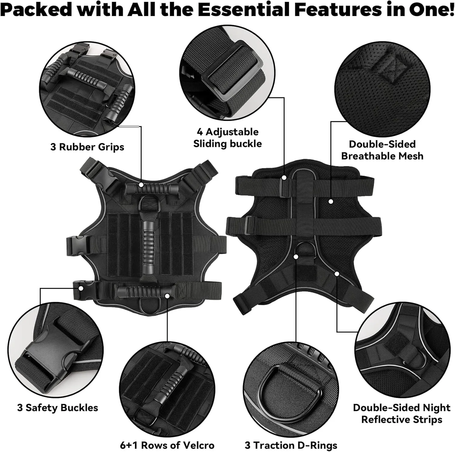 Heavy Duty No Pull Tactical Dog Harness for Large Dogs, 3Pcs Handle & Hook Metal Buckle, K9 Adjustable Reflective Military Dog Vest Harness for Working Dog Training Hunting Walking. (Black, L)
