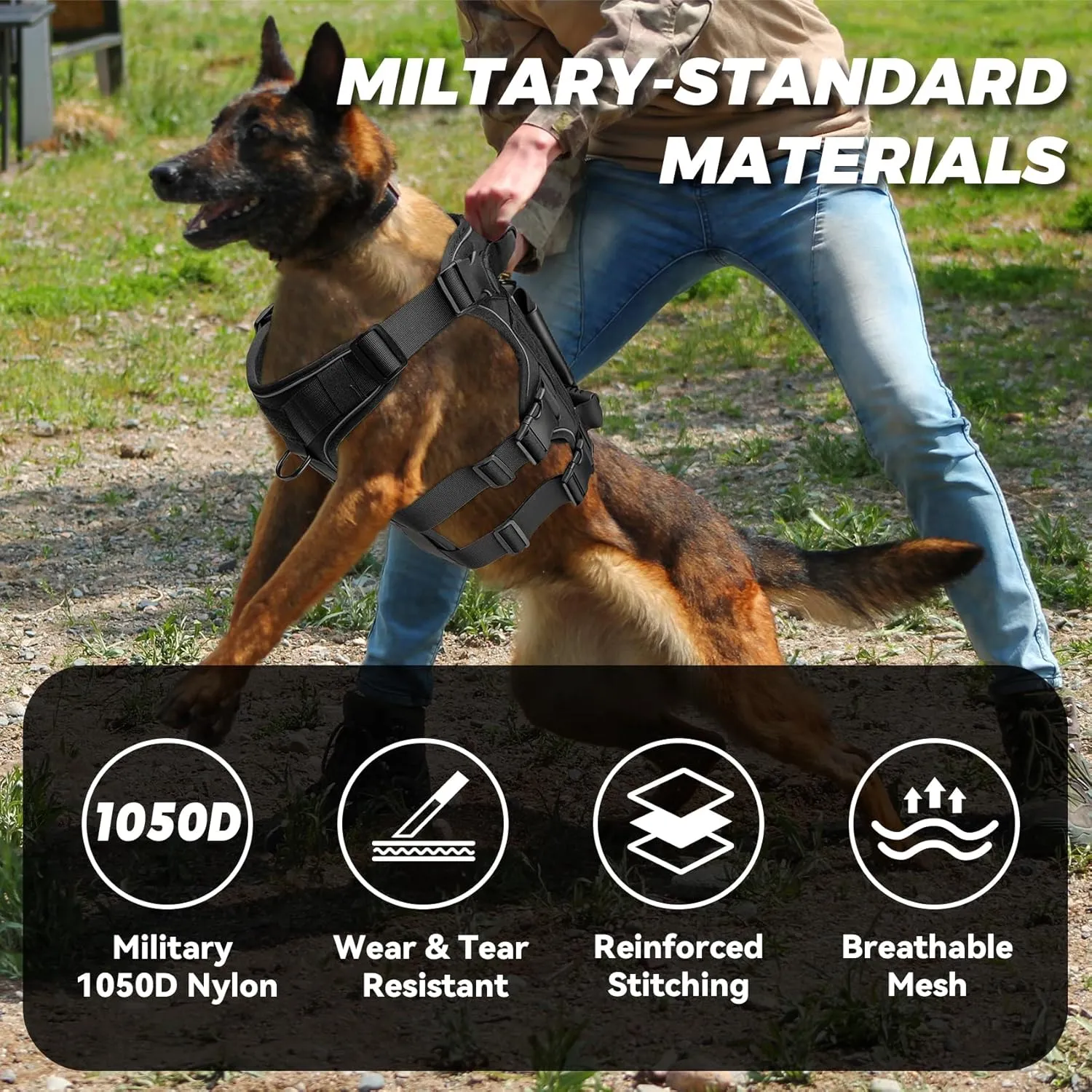 Heavy Duty No Pull Tactical Dog Harness for Large Dogs, 3Pcs Handle & Hook Metal Buckle, K9 Adjustable Reflective Military Dog Vest Harness for Working Dog Training Hunting Walking. (Black, L)