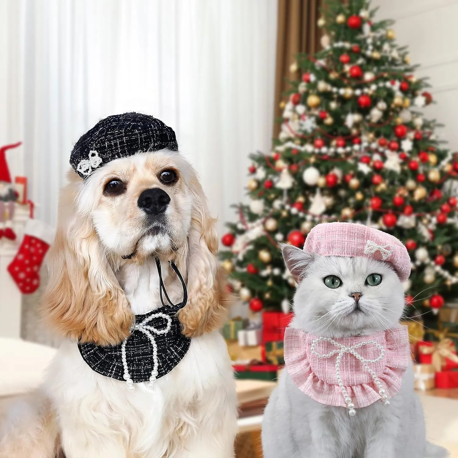 HOWWFALY 2PCS Cat Beret Hat with Pearl Bowtie, Adjustable Bandana Scarf Set Pet Princess Costume for Halloween Christmas, Cat Dog Birthday Party Apparel(Black Pearl)
