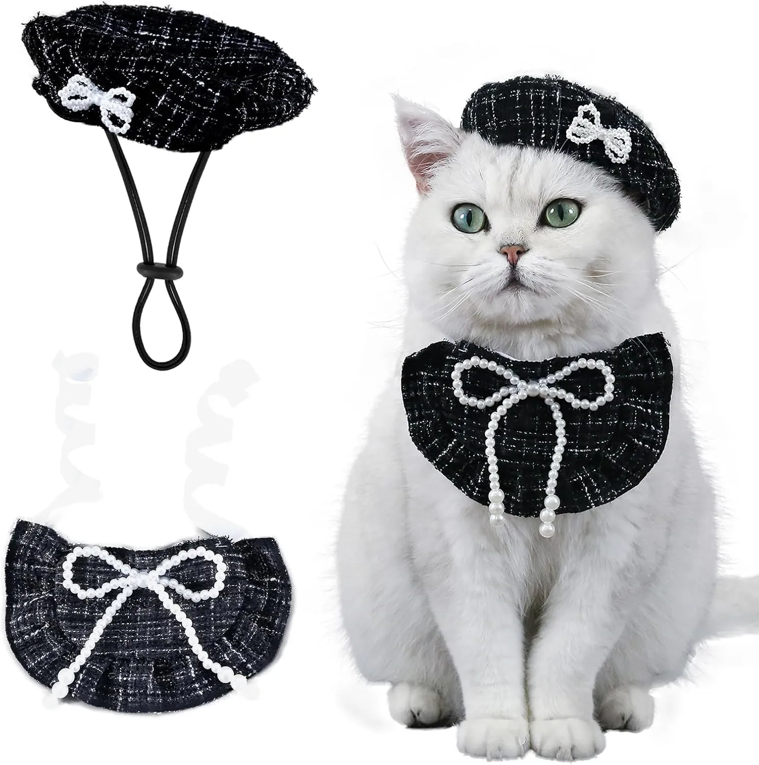 HOWWFALY 2PCS Cat Beret Hat with Pearl Bowtie, Adjustable Bandana Scarf Set Pet Princess Costume for Halloween Christmas, Cat Dog Birthday Party Apparel(Black Pearl)