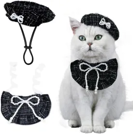 HOWWFALY 2PCS Cat Beret Hat with Pearl Bowtie, Adjustable Bandana Scarf Set Pet Princess Costume for Halloween Christmas, Cat Dog Birthday Party Apparel(Black Pearl)