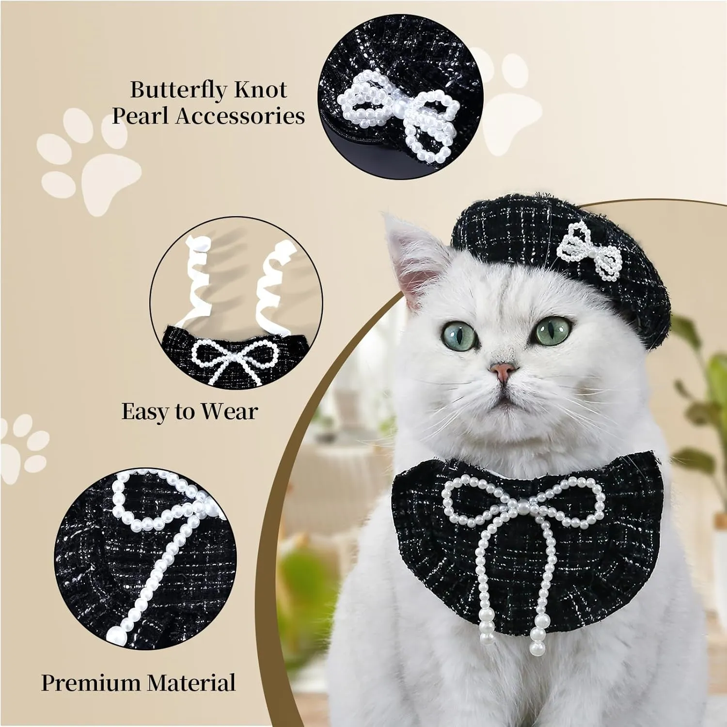 HOWWFALY 2PCS Cat Beret Hat with Pearl Bowtie, Adjustable Bandana Scarf Set Pet Princess Costume for Halloween Christmas, Cat Dog Birthday Party Apparel(Black Pearl)