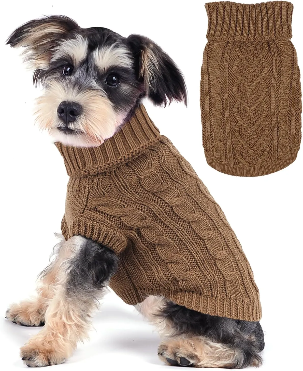 Knitted Sweater for Small Dogs - Warm Turtleneck Pullover, Fall Winter Cat Apparel (Khaki, Medium)