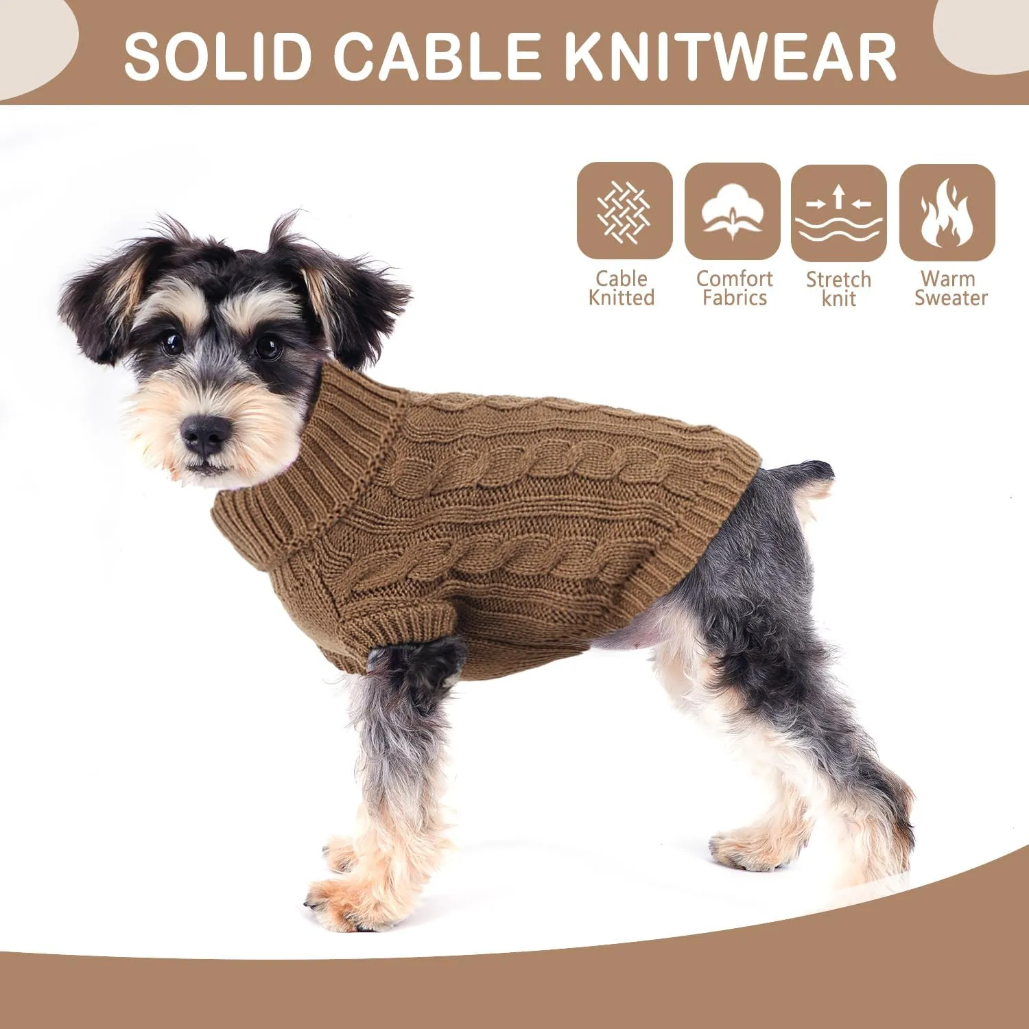 Knitted Sweater for Small Dogs - Warm Turtleneck Pullover, Fall Winter Cat Apparel (Khaki, Medium)