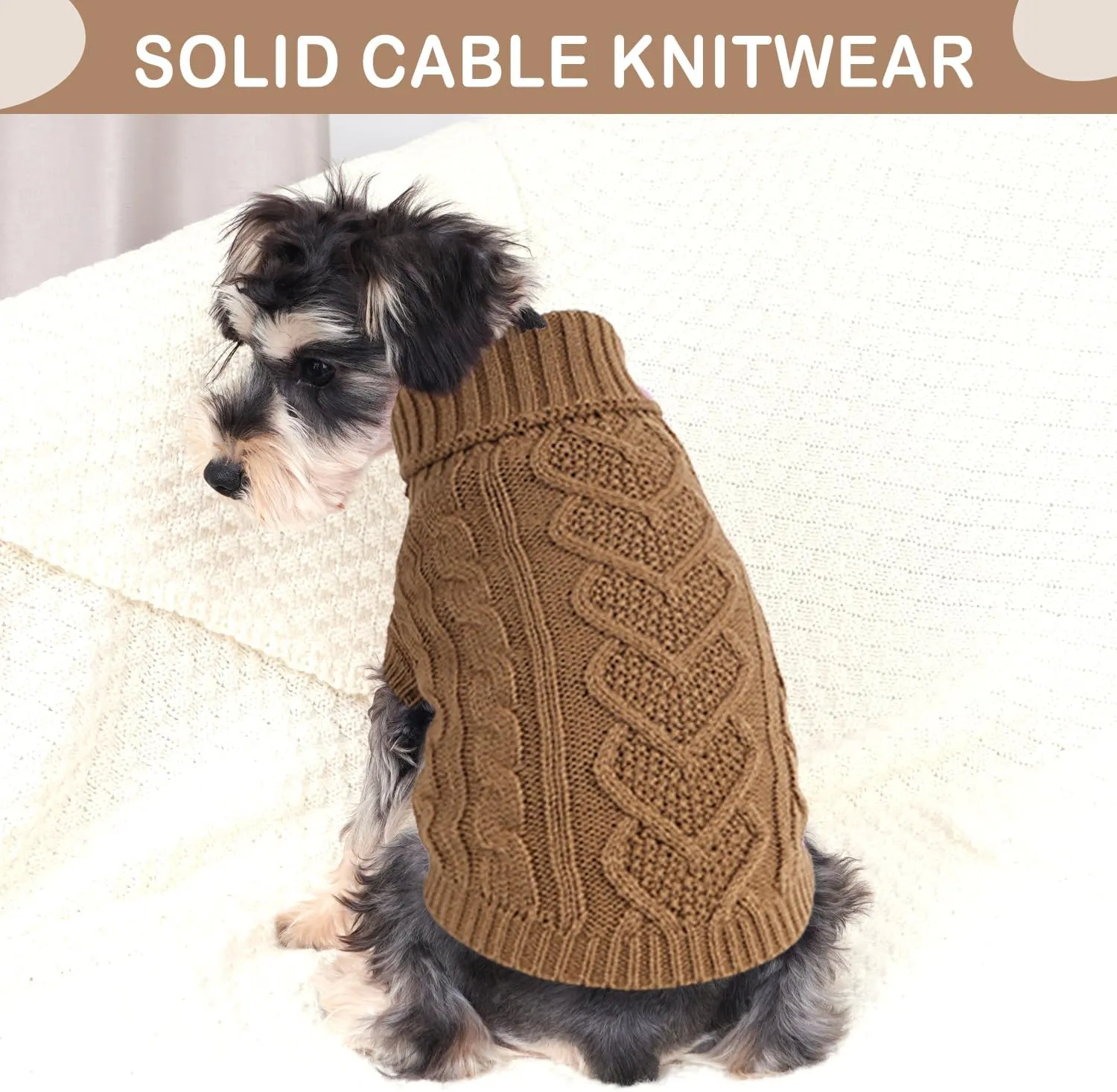 Knitted Sweater for Small Dogs - Warm Turtleneck Pullover, Fall Winter Cat Apparel (Khaki, Medium)