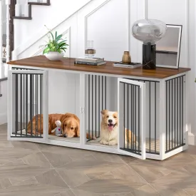 Large Dog Crate Furniture for 2 Dogs, 71.6" Pro XXL Heavy Duty Dog Kennel Furniture with Divider, Steel Frame Indoor Double Dog Crate for Large Medium Small Dogs, Warm White