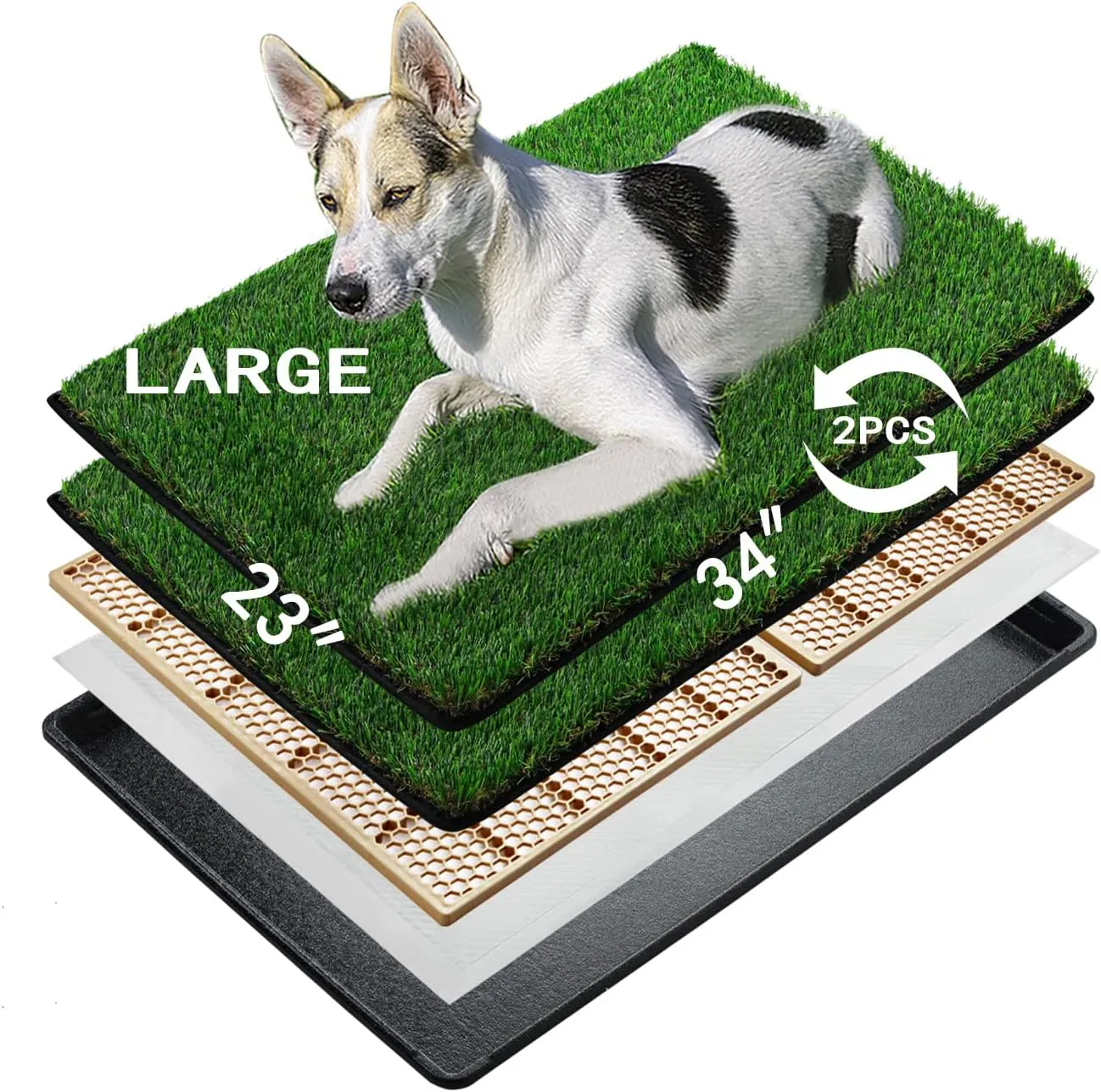 MEEXPAWS Dog Grass Pee Pads for Dogs with Tray | Large 3423 in | 2 Dog Artificial Grass Pads Replacement| Rapid Drainage | Indoor Litter Box | Hemmed Edge