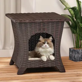 Patio End Table, Wicker Side Table and Cat Bed with A Cushion for Cats, Hand-Woven PE Wicker and Thick Cushion