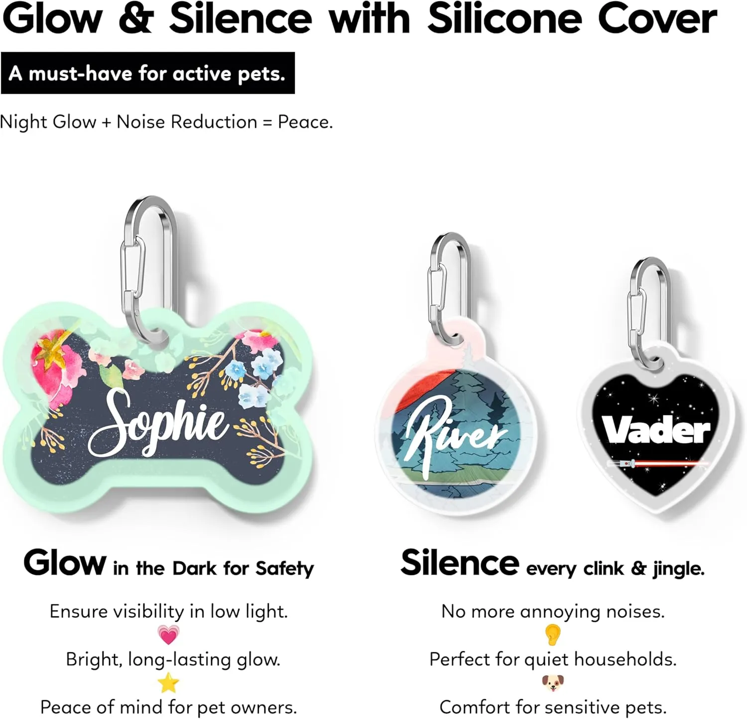 Personalized Pet ID Tags - Dog & Cat Names, Silencer Included