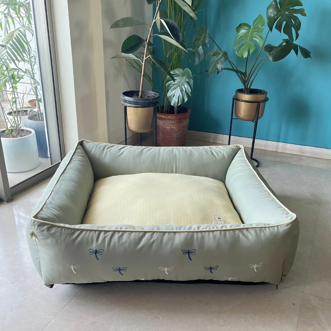 PoochMate OAK 3.0 :  Sage & Yellow Bolster Dog Bed with Dragonflies : Large
