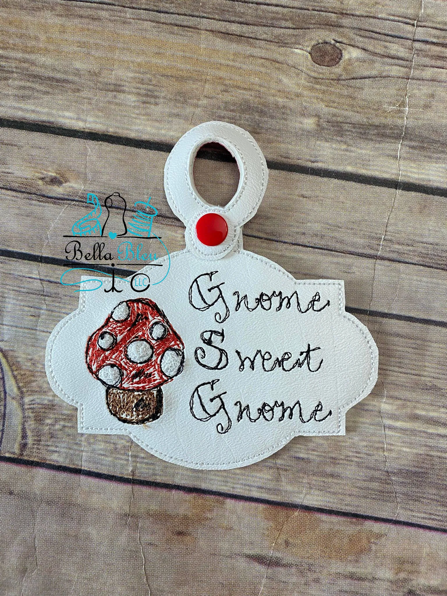 Scribble Gnome Sweet Gnome Mushroom ITH  Bag Tag fob