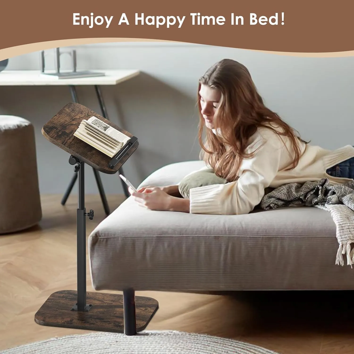 Sofa Couch Arm Table Tv Tray Small Bed Stand C Shaped Side End Tables for Living Room, Bedroom, Bedside Rustic