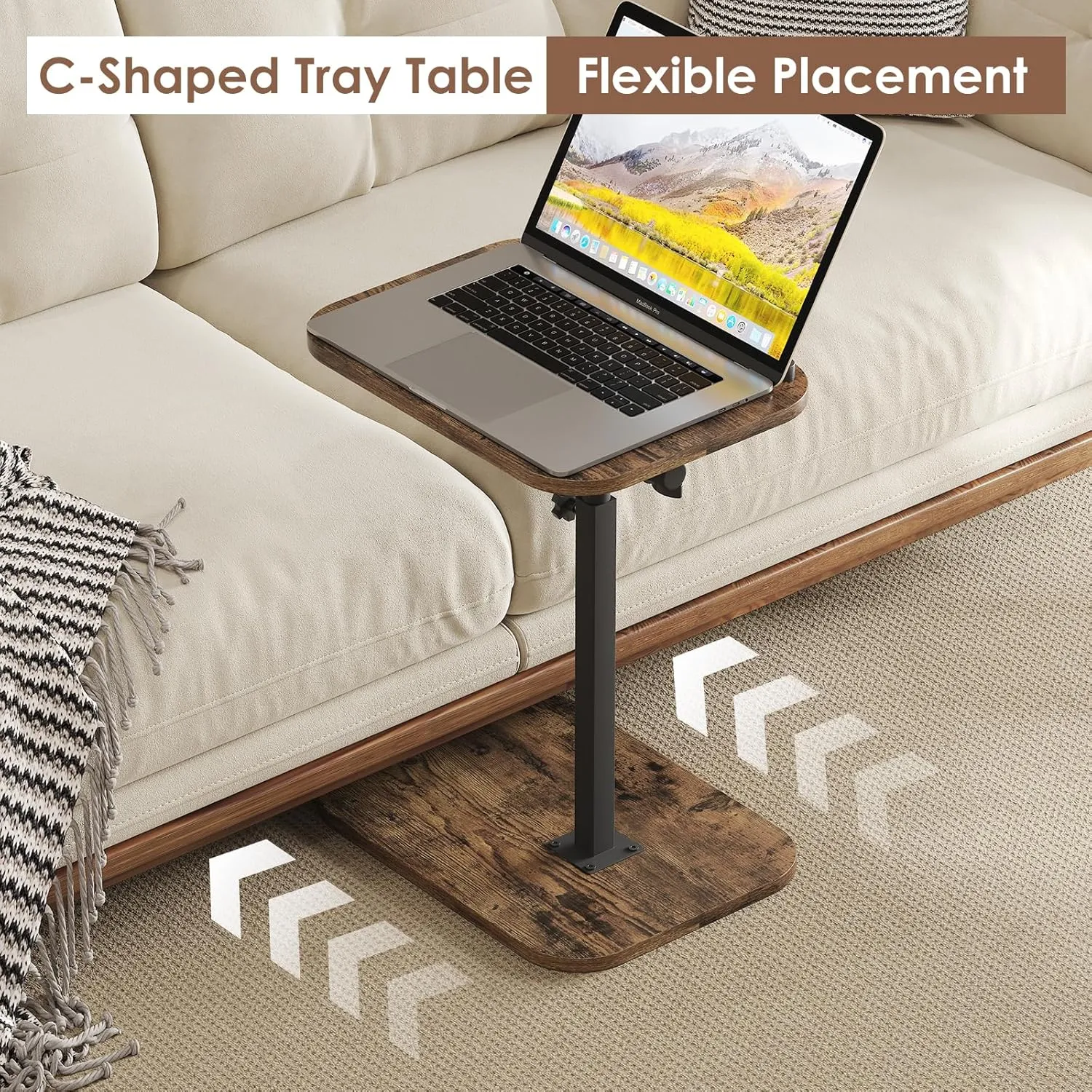 Sofa Couch Arm Table Tv Tray Small Bed Stand C Shaped Side End Tables for Living Room, Bedroom, Bedside Rustic