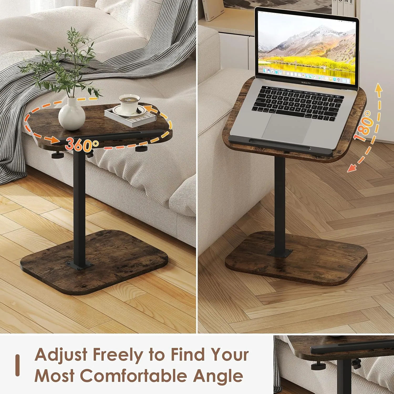 Sofa Couch Arm Table Tv Tray Small Bed Stand C Shaped Side End Tables for Living Room, Bedroom, Bedside Rustic