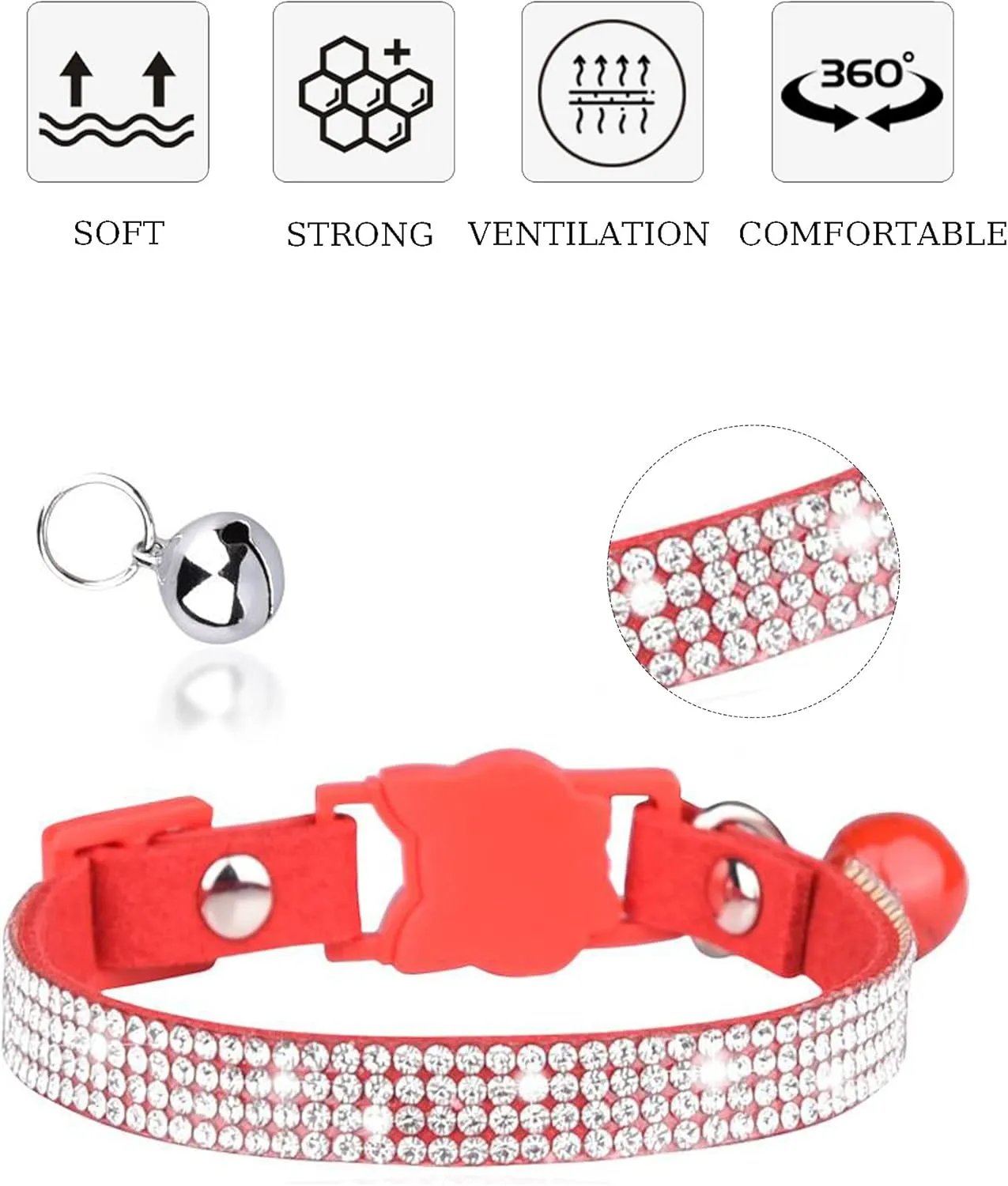 Solmoony Breakaway Cat Collars with Bell,Adjustable Safe Kitten Collar,Cat Collars for Girl Cats with Rhinestone Soft Velvet (Pink)