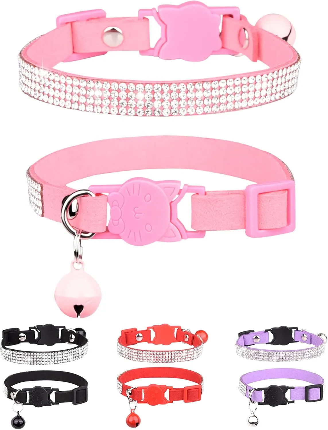 Solmoony Breakaway Cat Collars with Bell,Adjustable Safe Kitten Collar,Cat Collars for Girl Cats with Rhinestone Soft Velvet (Pink)