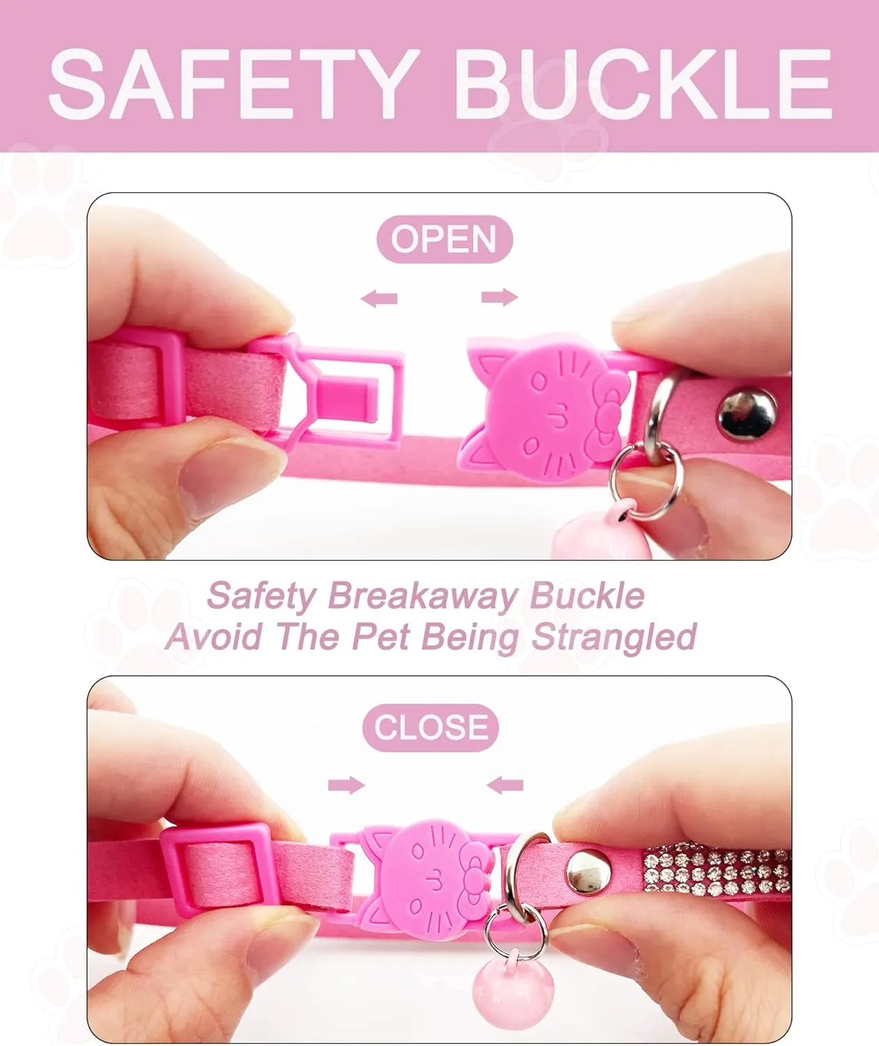 Solmoony Breakaway Cat Collars with Bell,Adjustable Safe Kitten Collar,Cat Collars for Girl Cats with Rhinestone Soft Velvet (Pink)