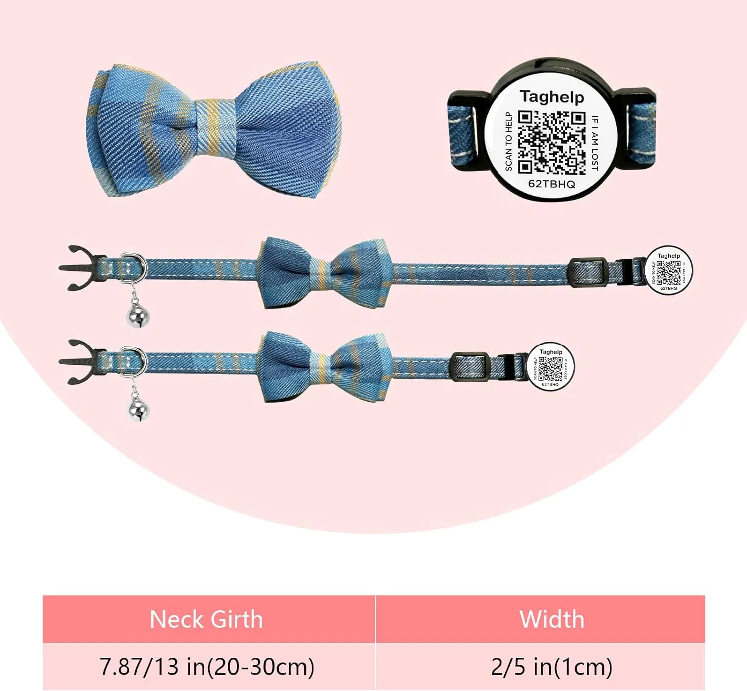 Upgraded Cat Collar with Bells, Breakaway Cat Collars with Bow Tie, Girl Boy Safety Plaid Collars with QR ID Tag for Girl Boy for Cats NO APP (Blue B)