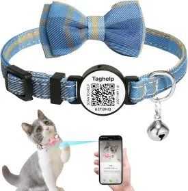 Upgraded Cat Collar with Bells, Breakaway Cat Collars with Bow Tie, Girl Boy Safety Plaid Collars with QR ID Tag for Girl Boy for Cats NO APP (Blue B)