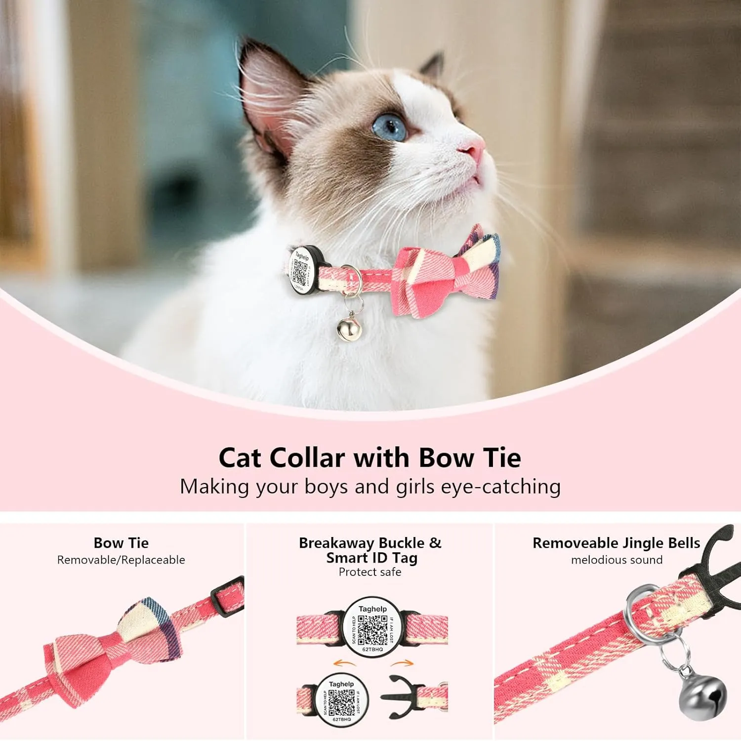Upgraded Cat Collar with Bells, Breakaway Cat Collars with Bow Tie, Girl Boy Safety Plaid Collars with QR ID Tag for Girl Boy for Cats NO APP (Blue B)