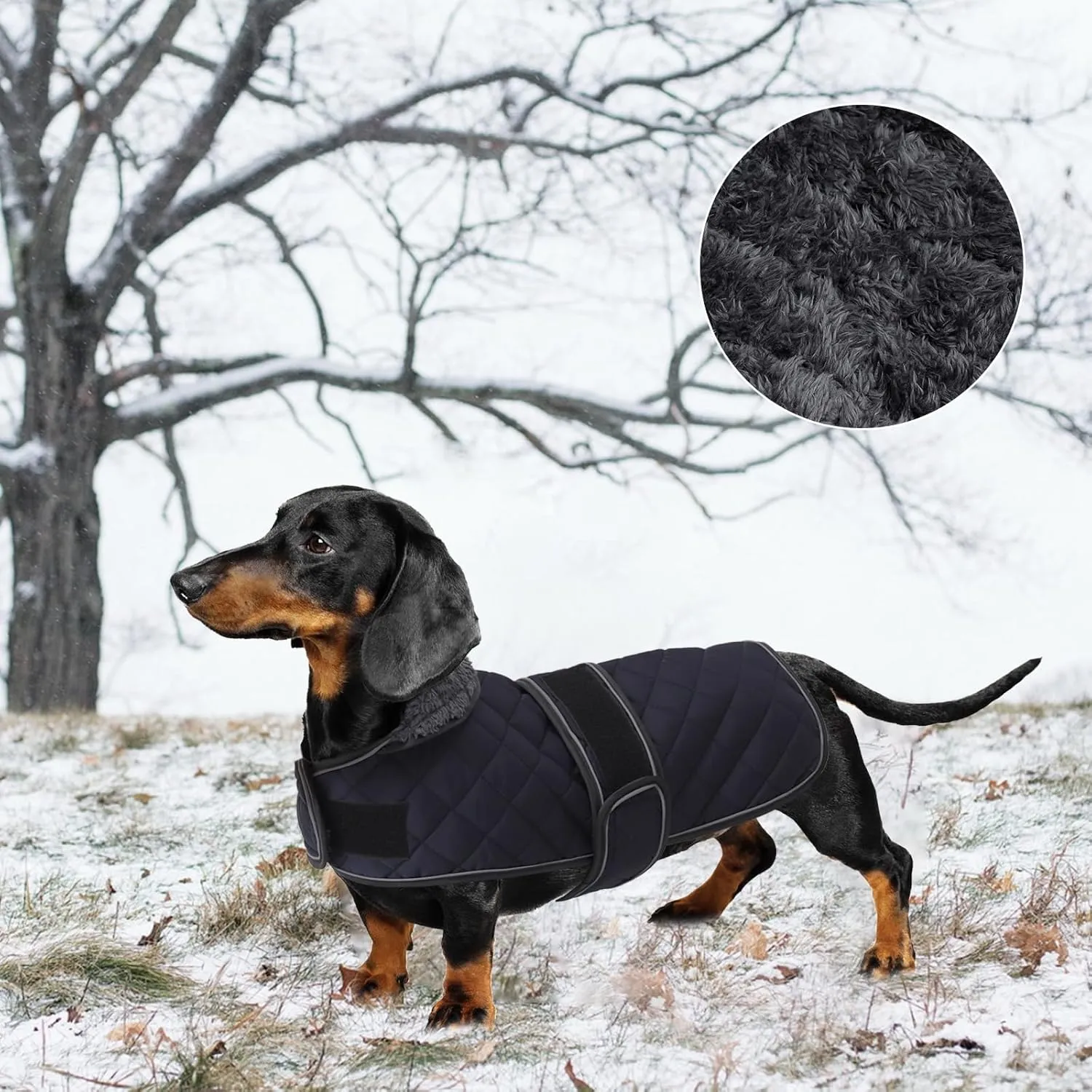 Warm Thermal Quilted Dachshund Coat, Dog Winter Coat with Warm Fleece Lining, Outdoor Dog Apparel with Adjustable Bands for Medium, Large Dog-Dark Blue-M