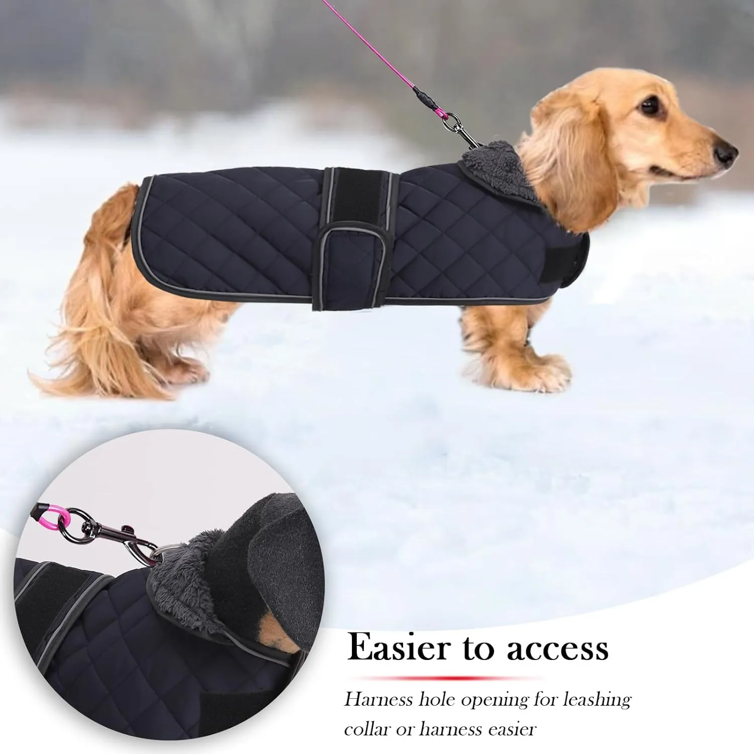Warm Thermal Quilted Dachshund Coat, Dog Winter Coat with Warm Fleece Lining, Outdoor Dog Apparel with Adjustable Bands for Medium, Large Dog-Dark Blue-M