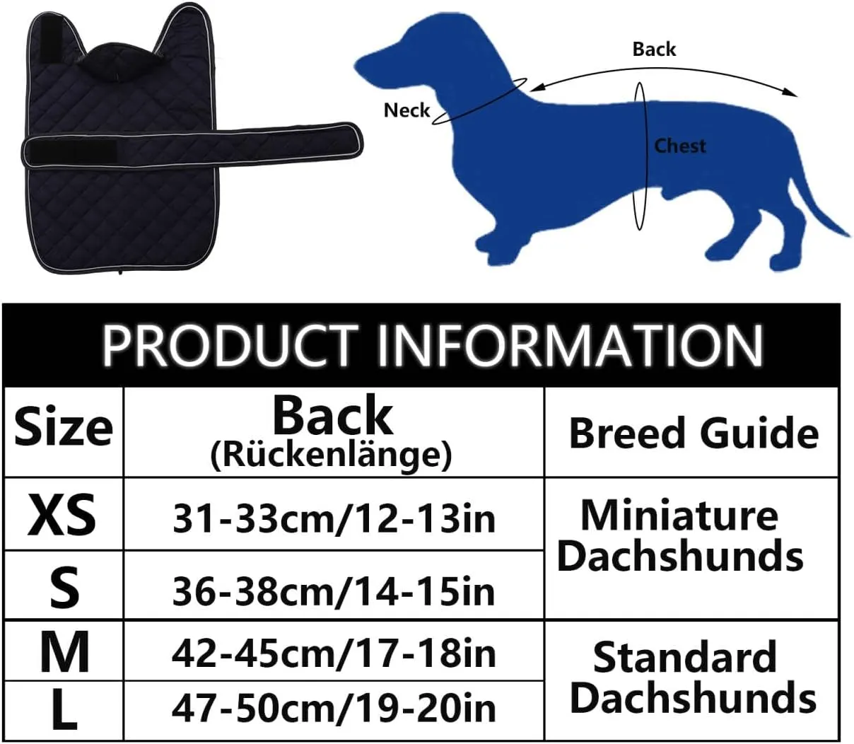 Warm Thermal Quilted Dachshund Coat, Dog Winter Coat with Warm Fleece Lining, Outdoor Dog Apparel with Adjustable Bands for Medium, Large Dog-Dark Blue-M