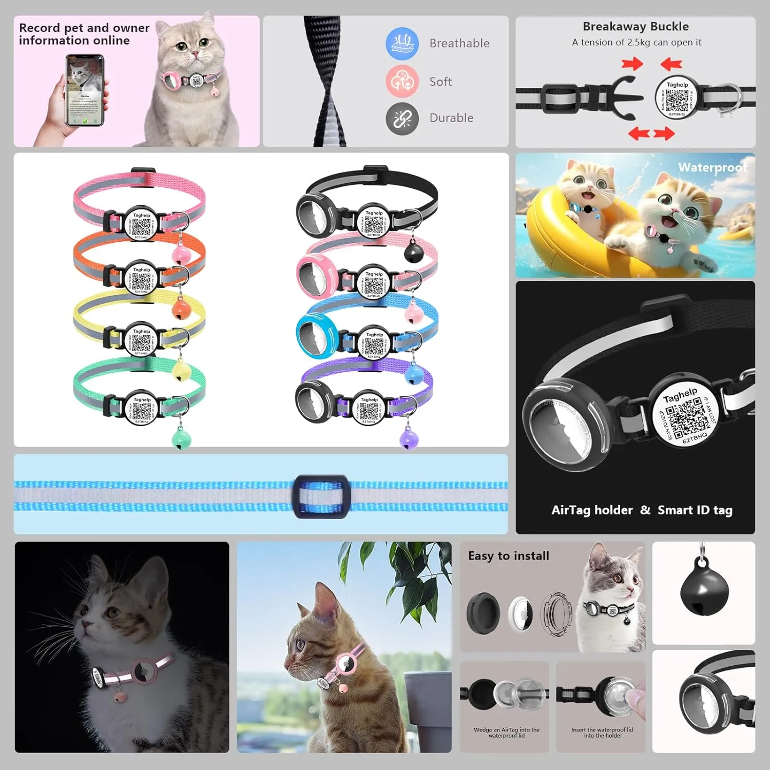 Waterproof Airtag Cat Collar Breakaway with QR Code Name Tag, Reflective cat Collar airtag Holder with Bell, Reflective Kitten Cat ID Tag Personalized, Ultra-Durable, Adjustable, Quick Release (Blue)