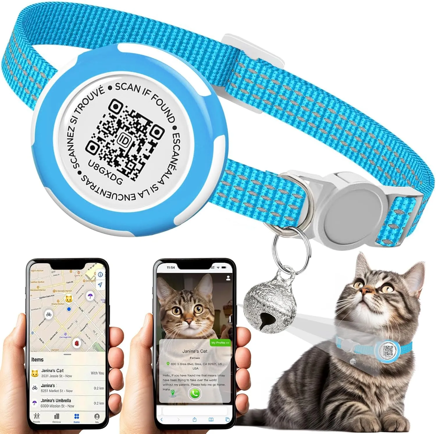 Waterproof Airtag Cat Collar, Lightweight Breakaway Cat Airtag Collar with QR ID Tag & Reflective for Apple Air tag, Hidden GPS Tracker Holder with QR Code Pet Name Tag for Cats, Kittens (9-13inch)