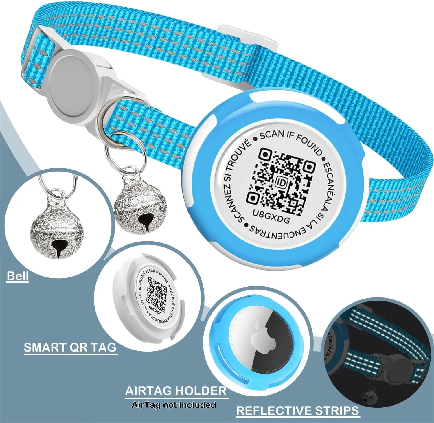 Waterproof Airtag Cat Collar, Lightweight Breakaway Cat Airtag Collar with QR ID Tag & Reflective for Apple Air tag, Hidden GPS Tracker Holder with QR Code Pet Name Tag for Cats, Kittens (9-13inch)