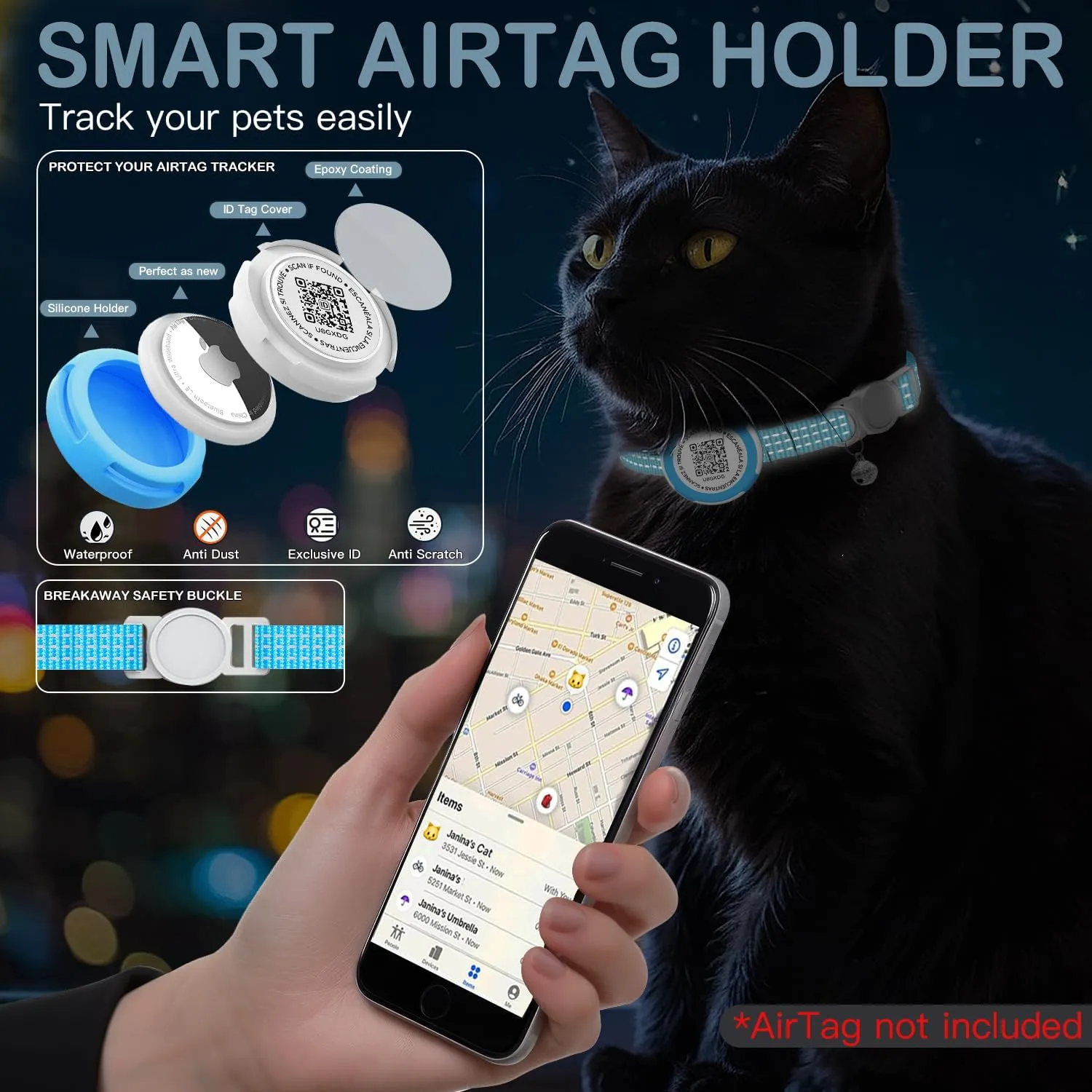 Waterproof Airtag Cat Collar, Lightweight Breakaway Cat Airtag Collar with QR ID Tag & Reflective for Apple Air tag, Hidden GPS Tracker Holder with QR Code Pet Name Tag for Cats, Kittens (9-13inch)