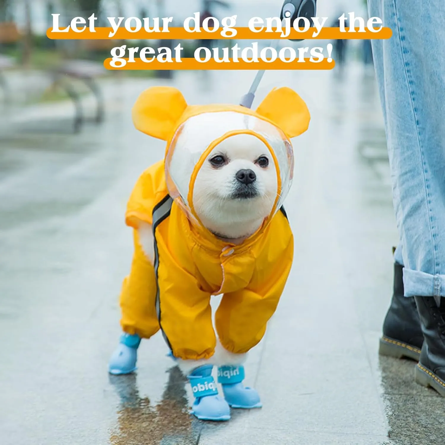 Waterproof Dog Raincoat, Adjustable 4-Legged Dog Rain Jacket with Hood and Leash Hole Reflective Lightweight Outdoor Rain Poncho Gear for Dogs Suitable for Small and Medium Dogs (Yellow, Large)