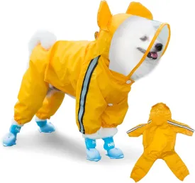 Waterproof Dog Raincoat, Adjustable 4-Legged Dog Rain Jacket with Hood and Leash Hole Reflective Lightweight Outdoor Rain Poncho Gear for Dogs Suitable for Small and Medium Dogs (Yellow, Large)