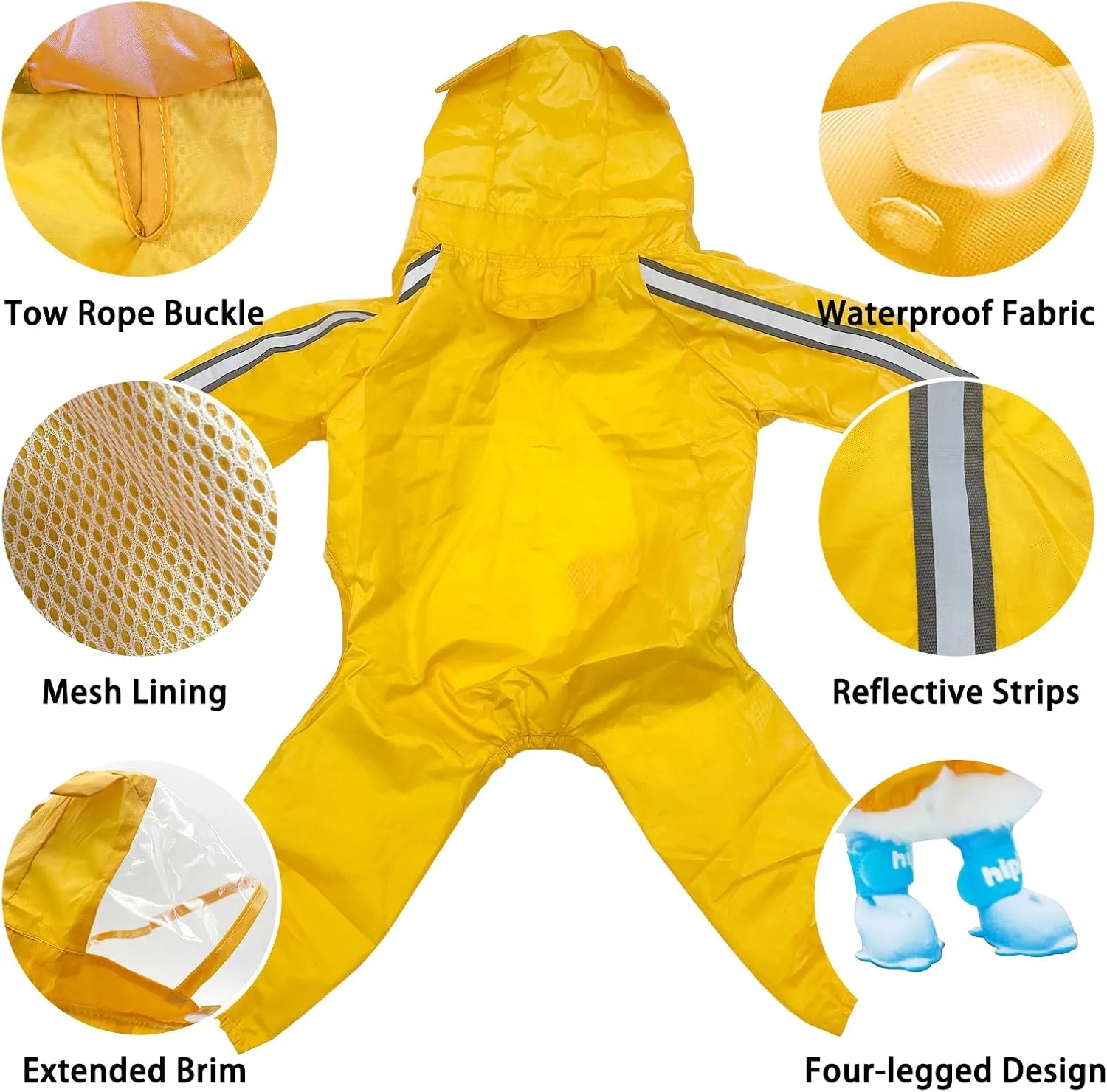 Waterproof Dog Raincoat, Adjustable 4-Legged Dog Rain Jacket with Hood and Leash Hole Reflective Lightweight Outdoor Rain Poncho Gear for Dogs Suitable for Small and Medium Dogs (Yellow, Large)