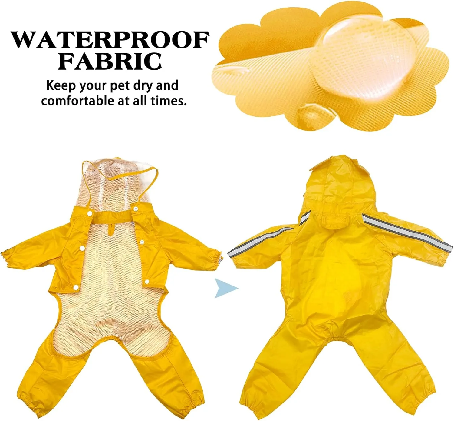 Waterproof Dog Raincoat, Adjustable 4-Legged Dog Rain Jacket with Hood and Leash Hole Reflective Lightweight Outdoor Rain Poncho Gear for Dogs Suitable for Small and Medium Dogs (Yellow, Large)