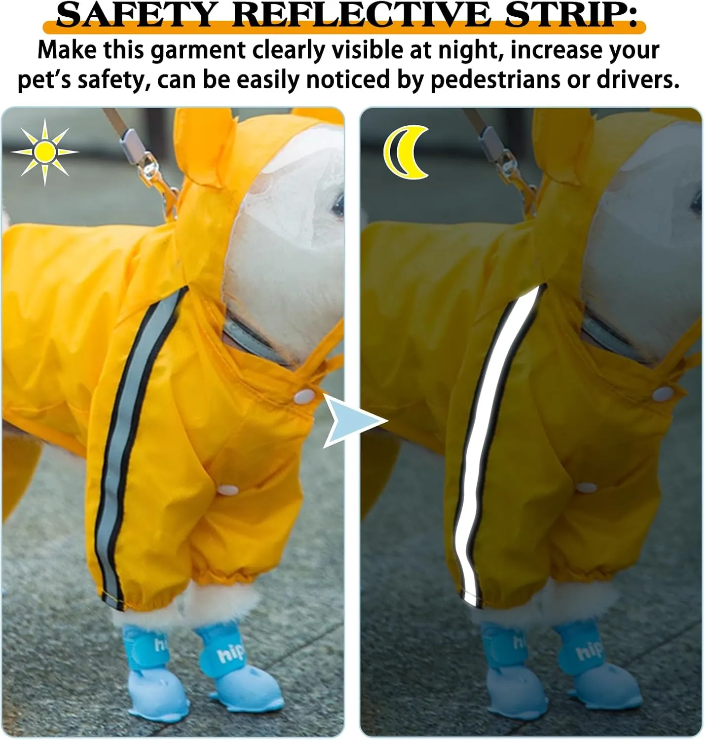 Waterproof Dog Raincoat, Adjustable 4-Legged Dog Rain Jacket with Hood and Leash Hole Reflective Lightweight Outdoor Rain Poncho Gear for Dogs Suitable for Small and Medium Dogs (Yellow, Large)