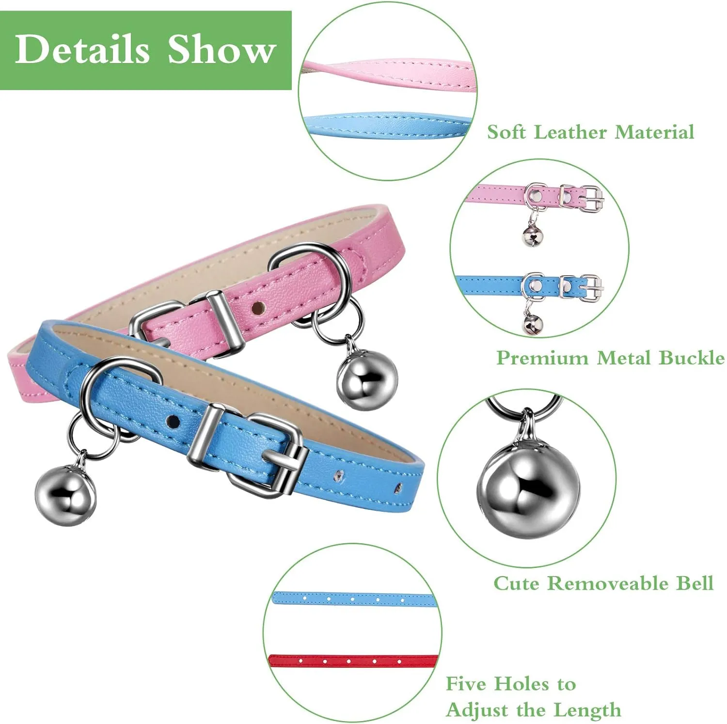 Weewooday 6 Pieces Leather Cat Collar with Bell Cute Pet Leather Kitten Collar for Boy Girl Cats with Safety Elastic Strap for Small Kitten Puppy(Bright Color)
