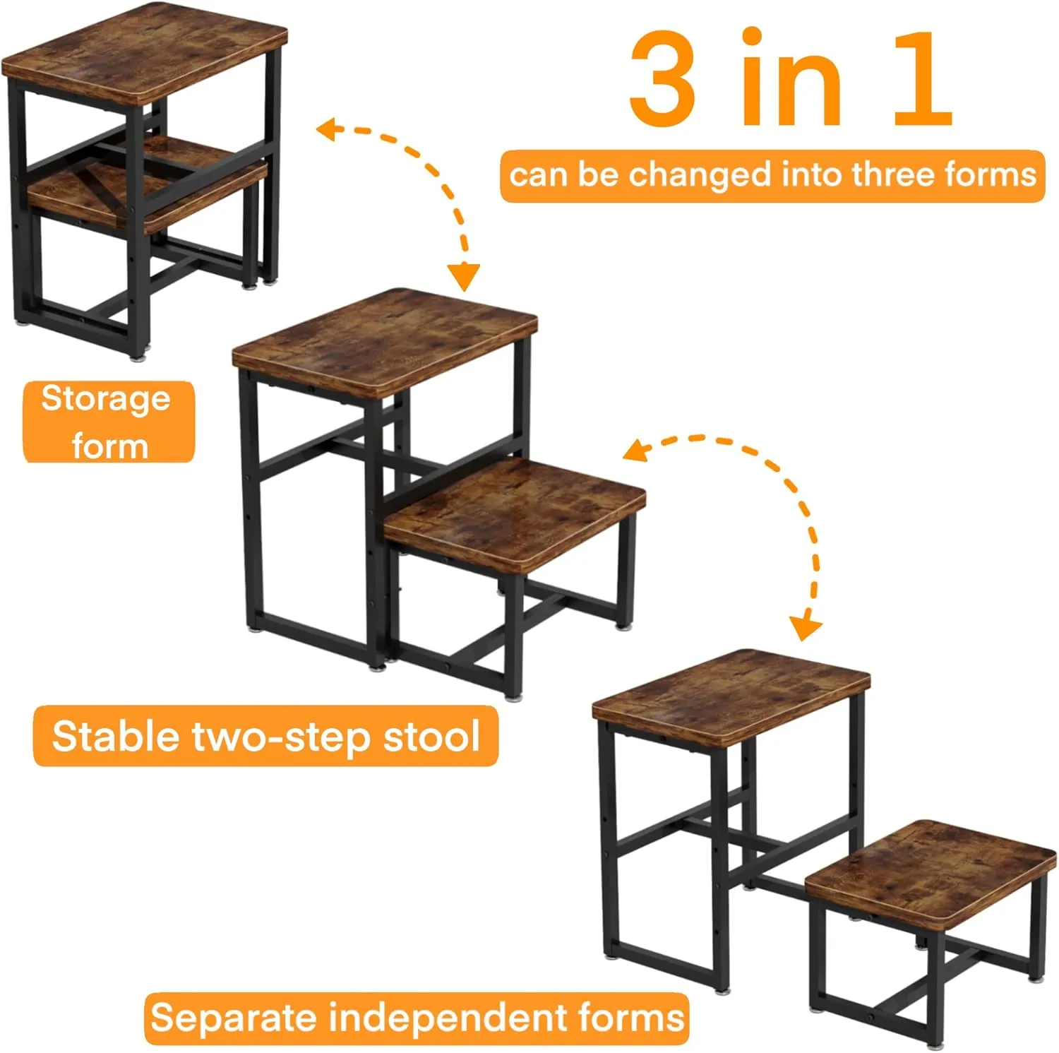 Wooden Step Stool for Kids Adults, 3-in-1 Bedside Two Foot Stool for High Beds, 16.3" Tall Bed Steps for Bathroom Kitchen Bedroom, Rustic Brown