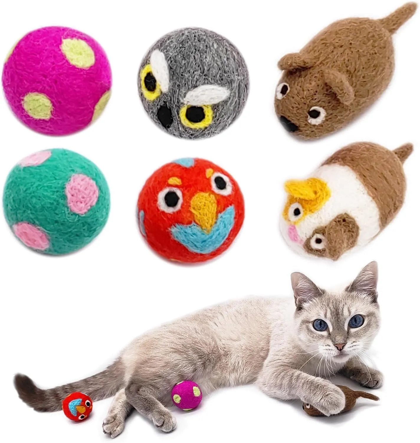 Wool Cat Toys 6pc Variety Pack - 4 Balls & 2 Mice, Safe Silent Kitten Toys Without Catnip for Indoor Cats - Gift for Cat Moms/Dads